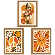 Flower Power Set of 3 Prints showcasing colourful retro 70s designs in orange, mustard and brown - Oak Frame