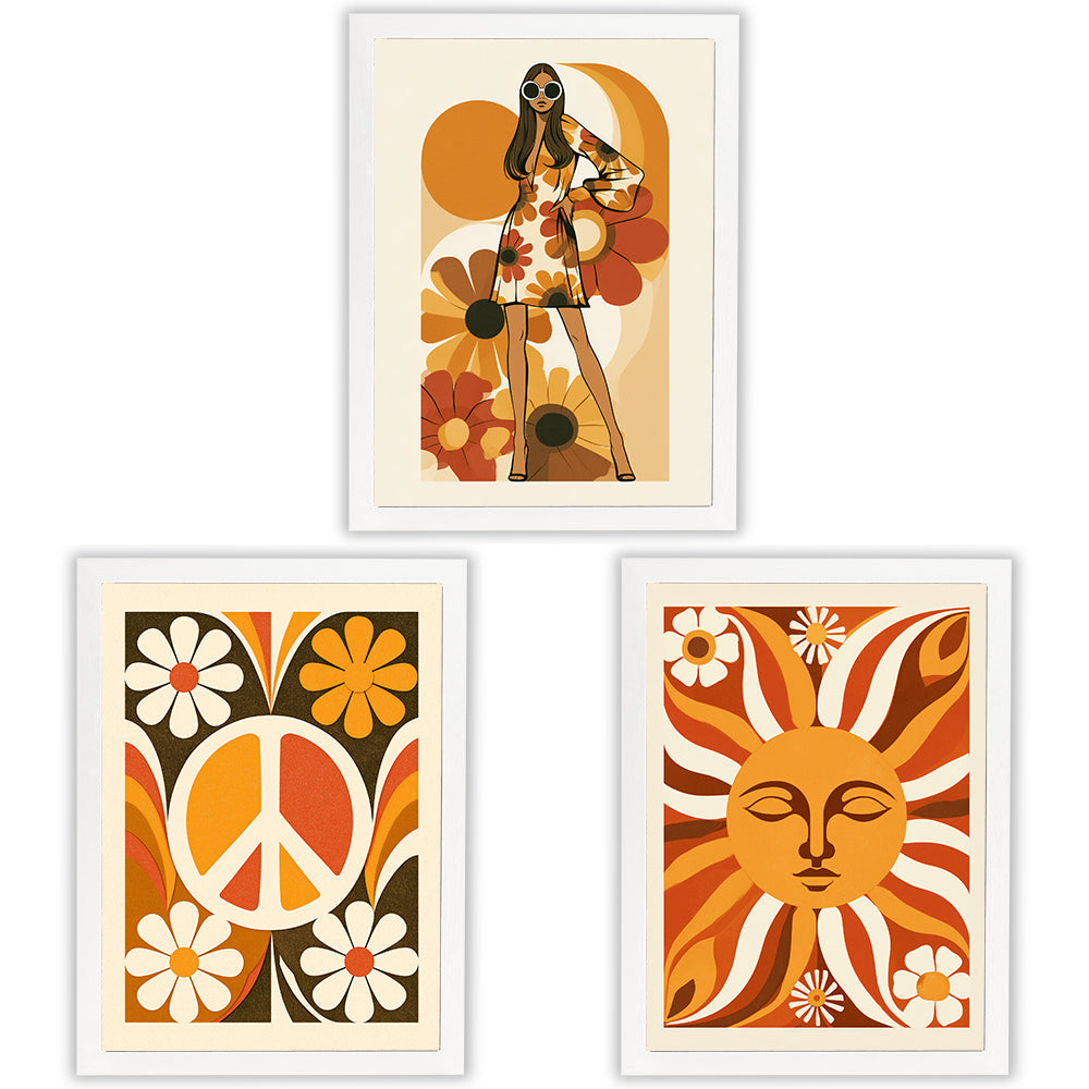 Flower Power Set of 3 Prints showcasing colourful retro 70s designs in orange, mustard and brown - White Frame