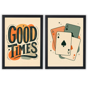 Retro Social Set of 2 Prints featuring vintage typography and playing card designs in warm retro colours - Black Frame