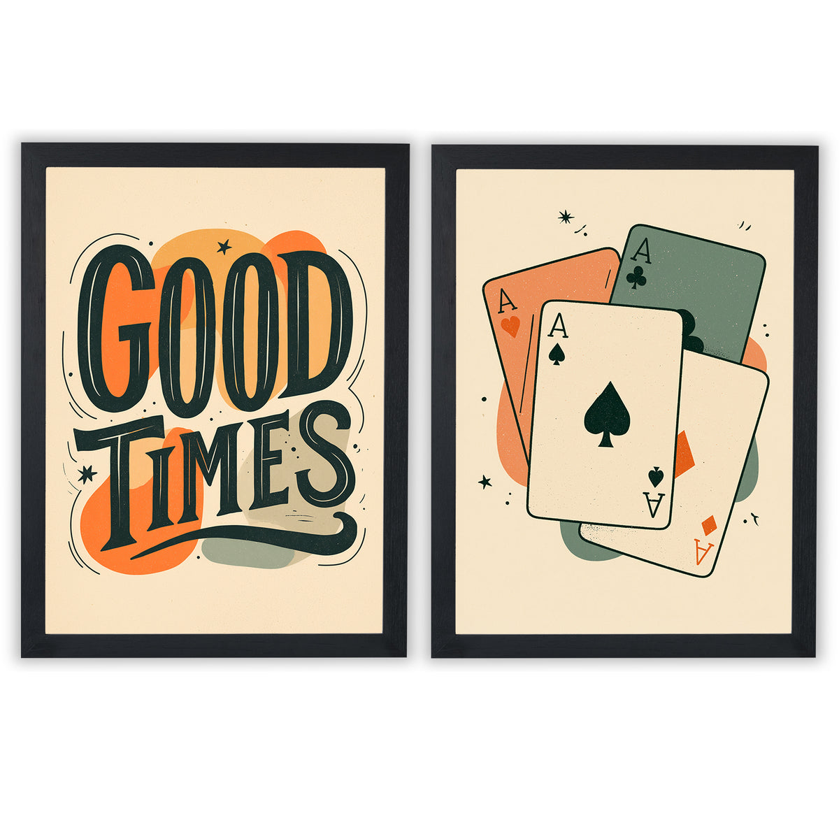 Retro Social Set of 2 Prints featuring vintage typography and playing card designs in warm retro colours - Black Frame