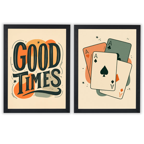 Retro Social Set of 2 Prints featuring vintage typography and playing card designs in warm retro colours - Black Frame