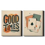 Retro Social Set of 2 Prints featuring vintage typography and playing card designs in warm retro colours - Wrapped Canvas