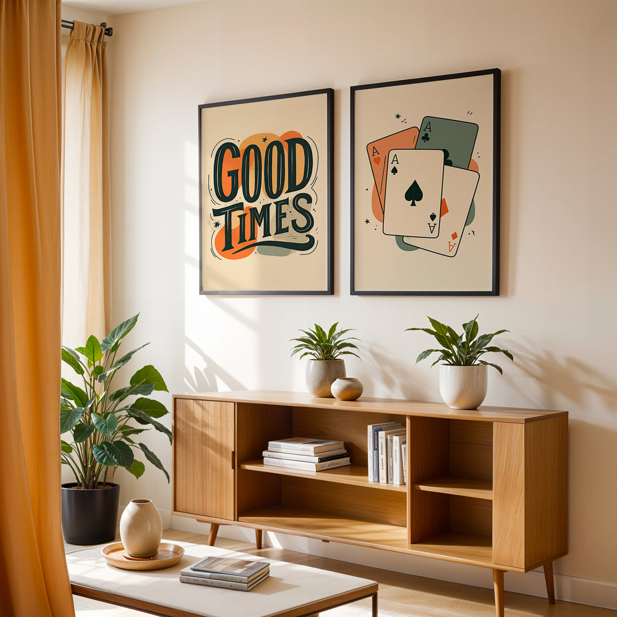 Retro Social Set of 2 Prints featuring bold lettering and playing cards in orange, cream and muted green