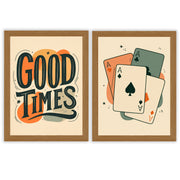 Retro Social Set of 2 Prints featuring vintage typography and playing card designs in warm retro colours - Oak Frame