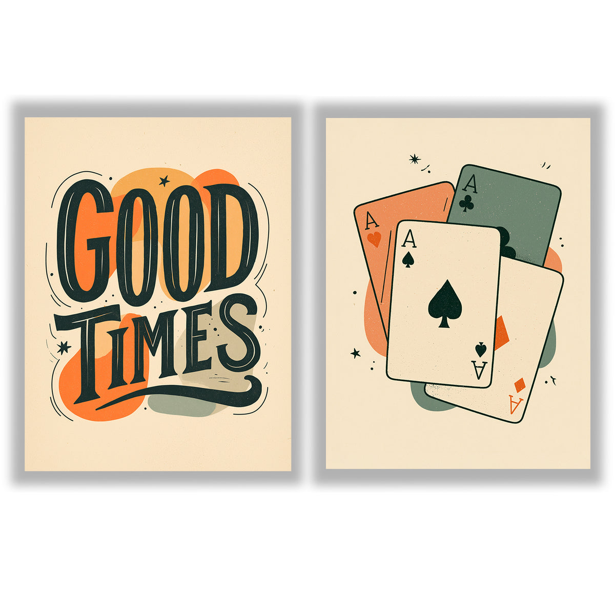 Retro Social Set of 2 Prints featuring vintage typography and playing card designs in warm retro colours - Unframed Prints