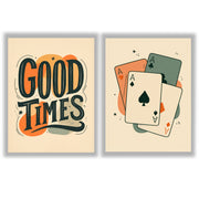 Retro Social Set of 2 Prints featuring vintage typography and playing card designs in warm retro colours - Unframed Prints