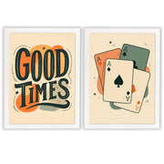 Retro Social Set of 2 Prints featuring vintage typography and playing card designs in warm retro colours - White Frame