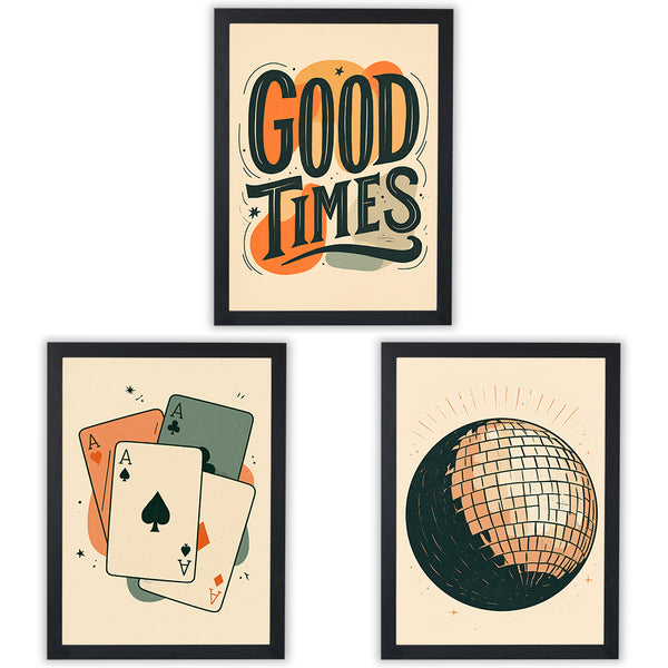 Retro Social set of 3 prints, retro playing cards, Good Times lettering and a disco ball in orange and sage, black frame