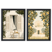 Mediterranean Days Set of 2 Prints featuring sunlit courtyards and lemon trees in warm neutral tones - Black Frame