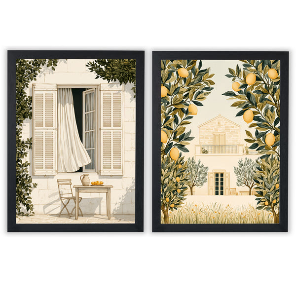 Mediterranean Days Set of 2 Prints featuring sunlit courtyards and lemon trees in warm neutral tones - Black Frame