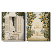 Mediterranean Days Set of 2 Prints featuring sunlit courtyards and lemon trees in warm neutral tones - Wrapped Canvas