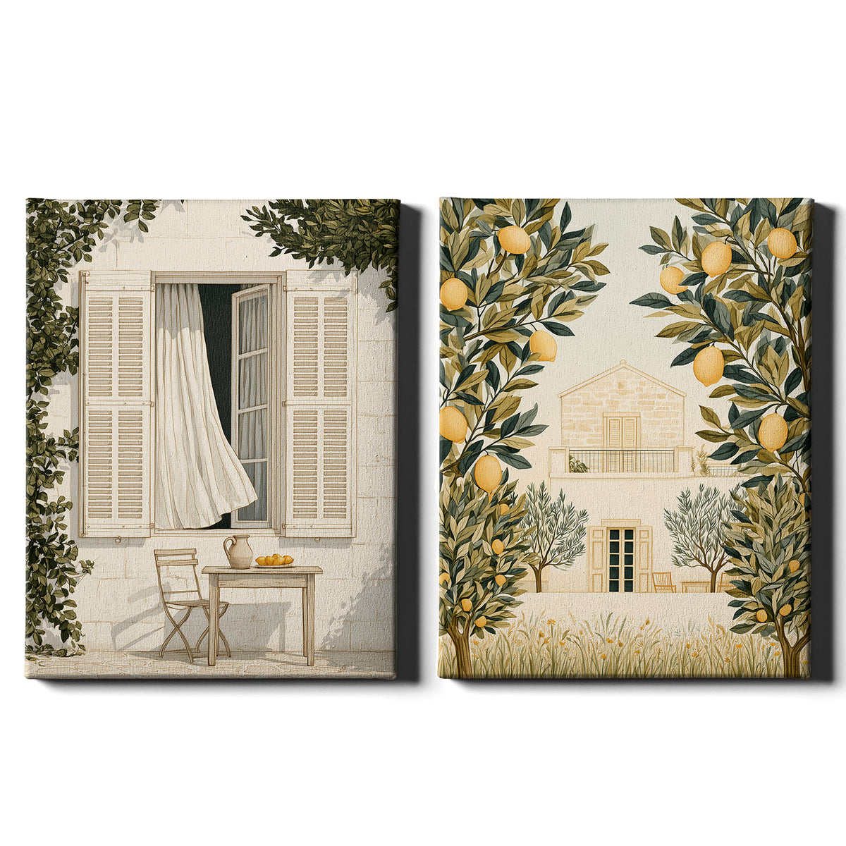 Mediterranean Days Set of 2 Prints featuring sunlit courtyards and lemon trees in warm neutral tones - Wrapped Canvas
