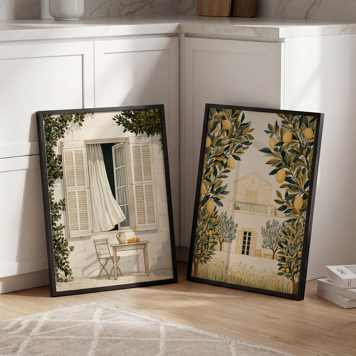 Mediterranean Days Set of 2 Prints featuring traditional architecture, leafy citrus trees and warm cream tones