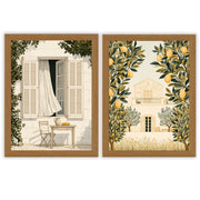 Mediterranean Days Set of 2 Prints featuring sunlit courtyards and lemon trees in warm neutral tones - Oak Frame