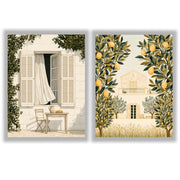 Mediterranean Days Set of 2 Prints featuring sunlit courtyards and lemon trees in warm neutral tones - Unframed Prints