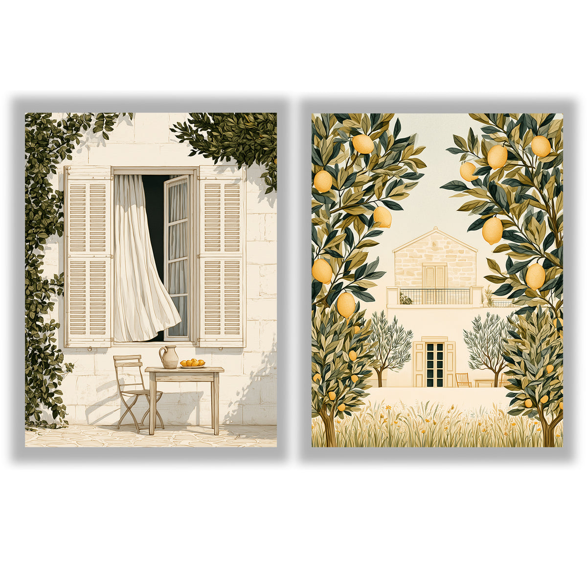 Mediterranean Days Set of 2 Prints featuring sunlit courtyards and lemon trees in warm neutral tones - Unframed Prints