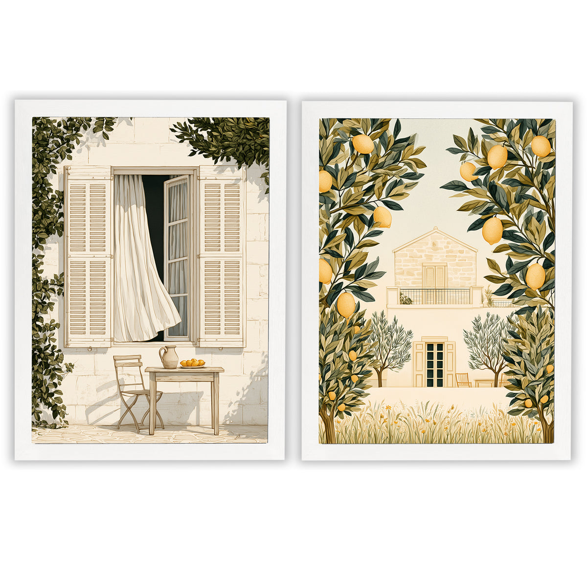 Mediterranean Days Set of 2 Prints featuring sunlit courtyards and lemon trees in warm neutral tones - White Frame