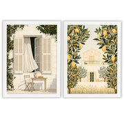 Mediterranean Days Set of 2 Prints featuring sunlit courtyards and lemon trees in warm neutral tones - White Frame