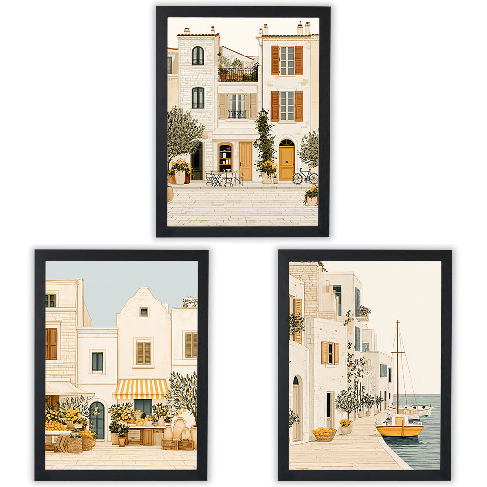 Mediterranean Days Set of 3 Prints showcasing sunlit coastal village scenes in warm neutral tones - Black Frame