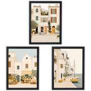 Mediterranean Days Set of 3 Prints showcasing sunlit coastal village scenes in warm neutral tones - Black Frame
