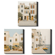 Mediterranean Days Set of 3 Prints showcasing sunlit coastal village scenes in warm neutral tones - Wrapped Canvas