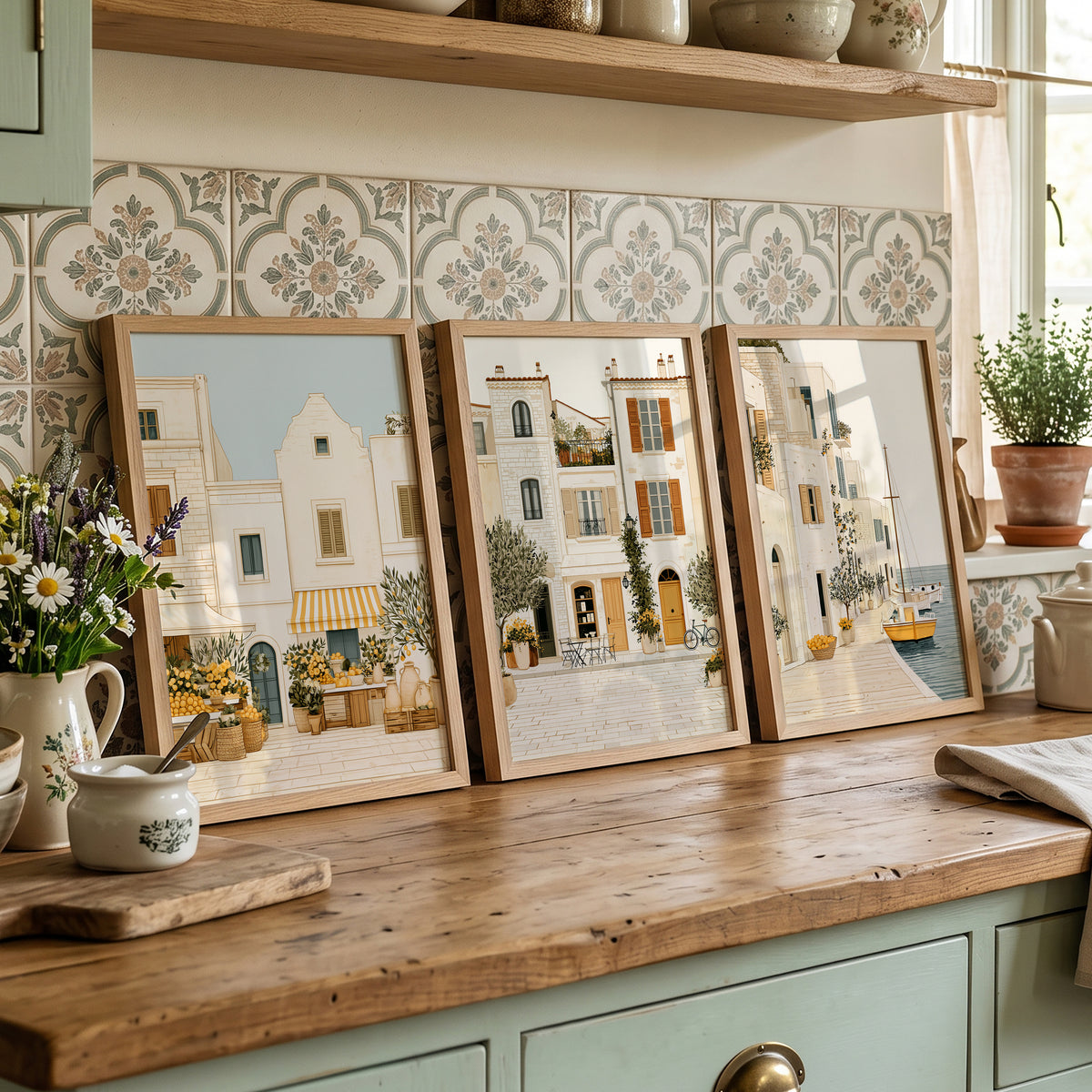 Mediterranean Days Set of 3 Prints featuring sunlit streets, traditional architecture and seaside scenery