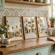 Mediterranean Days Set of 3 Prints featuring sunlit streets, traditional architecture and seaside scenery