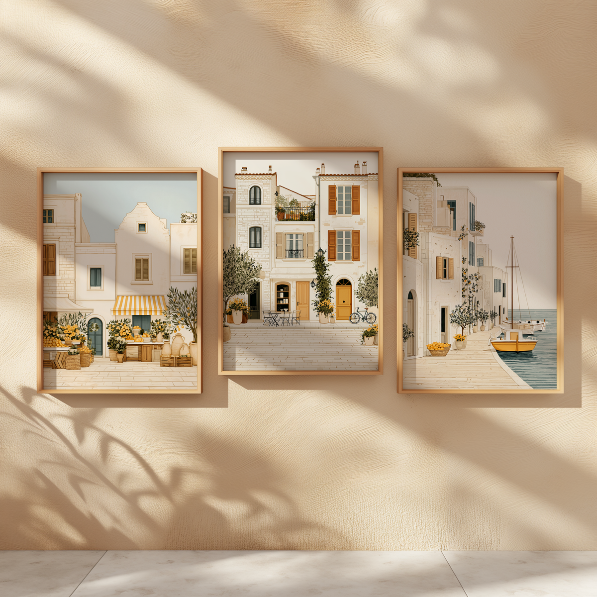Mediterranean Days Set of 3 Prints displayed in a bright room, featuring elegant coastal village wall art