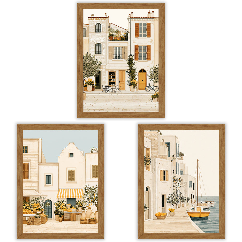 Mediterranean Days Set of 3 Prints showcasing sunlit coastal village scenes in warm neutral tones - Oak Frame