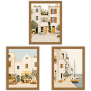 Mediterranean Days Set of 3 Prints showcasing sunlit coastal village scenes in warm neutral tones - Oak Frame