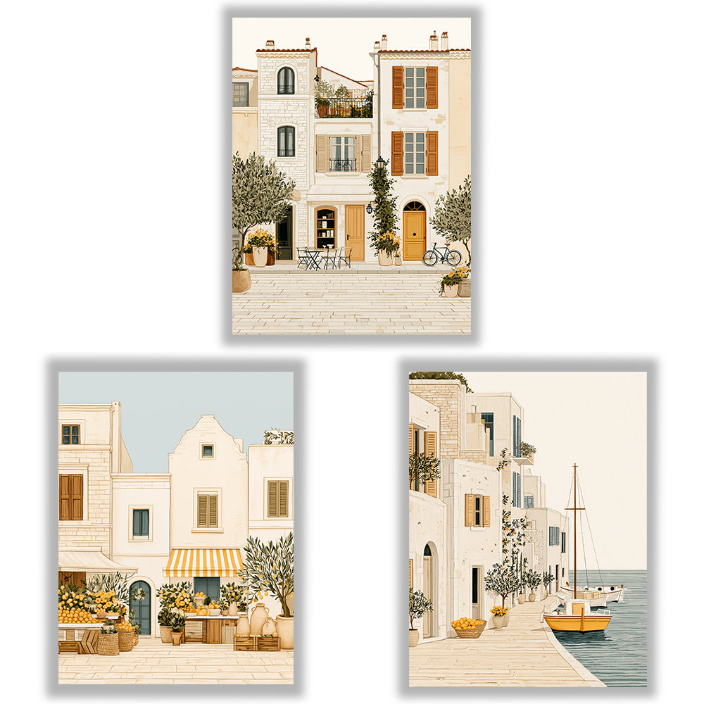 Mediterranean Days Set of 3 Prints showcasing sunlit coastal village scenes in warm neutral tones - Unframed Prints