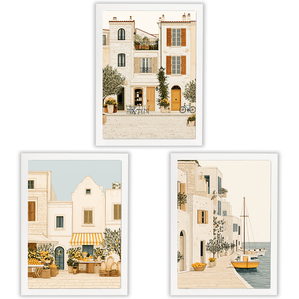 Mediterranean Days Set of 3 Prints showcasing sunlit coastal village scenes in warm neutral tones - White Frame