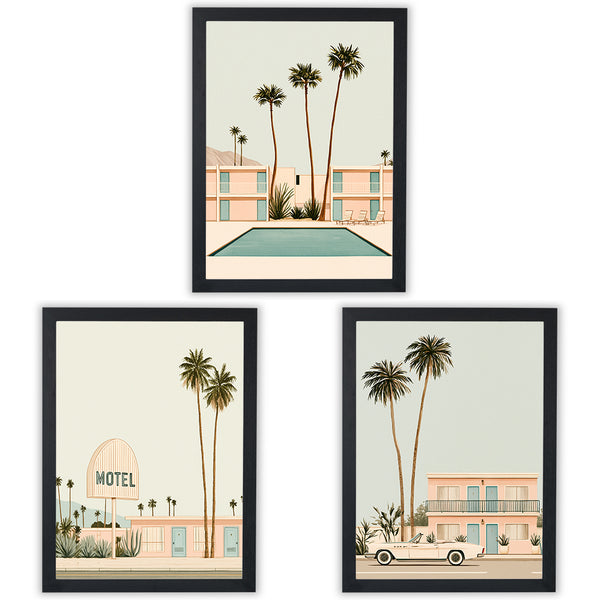 Motel Americana set of 3 prints, pastel retro motel scenes with palm trees, a pool and a convertible, black frame