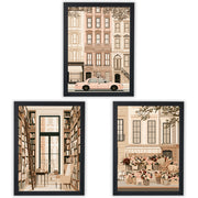 New York Stories Set of 3 Prints showcasing elegant city life illustrations in warm neutral tones - Black Frame