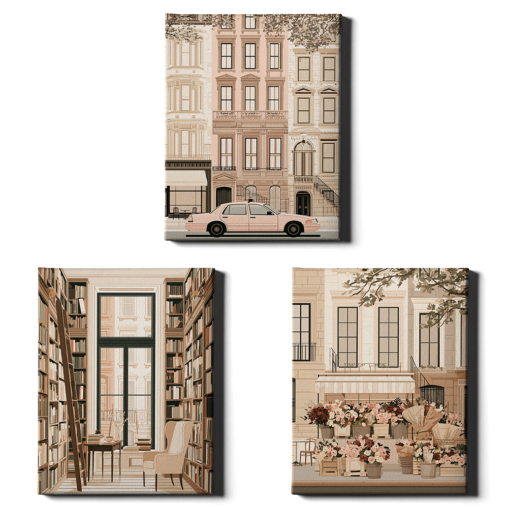 New York Stories Set of 3 Prints showcasing elegant city life illustrations in warm neutral tones - Wrapped Canvas