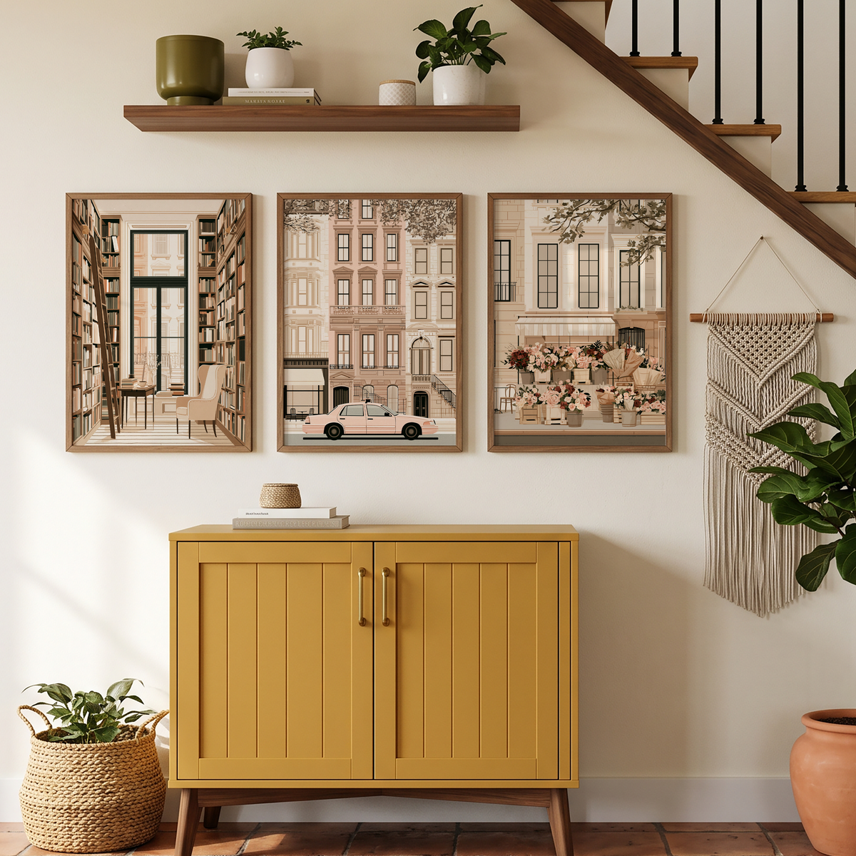 New York Stories Set of 3 Prints displayed in a bright room, featuring elegant New York city wall art