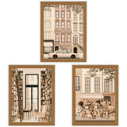 New York Stories Set of 3 Prints showcasing elegant city life illustrations in warm neutral tones - Oak Frame