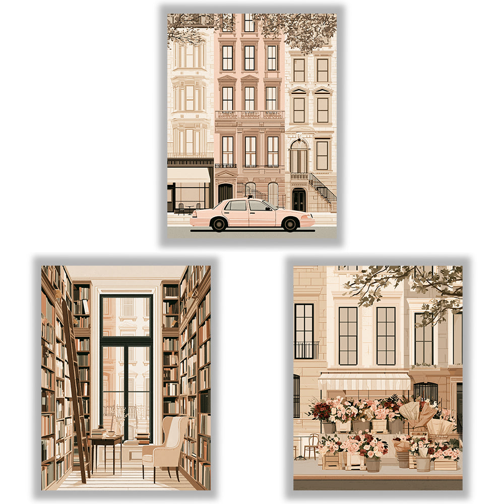 New York Stories Set of 3 Prints showcasing elegant city life illustrations in warm neutral tones - Unframed Prints
