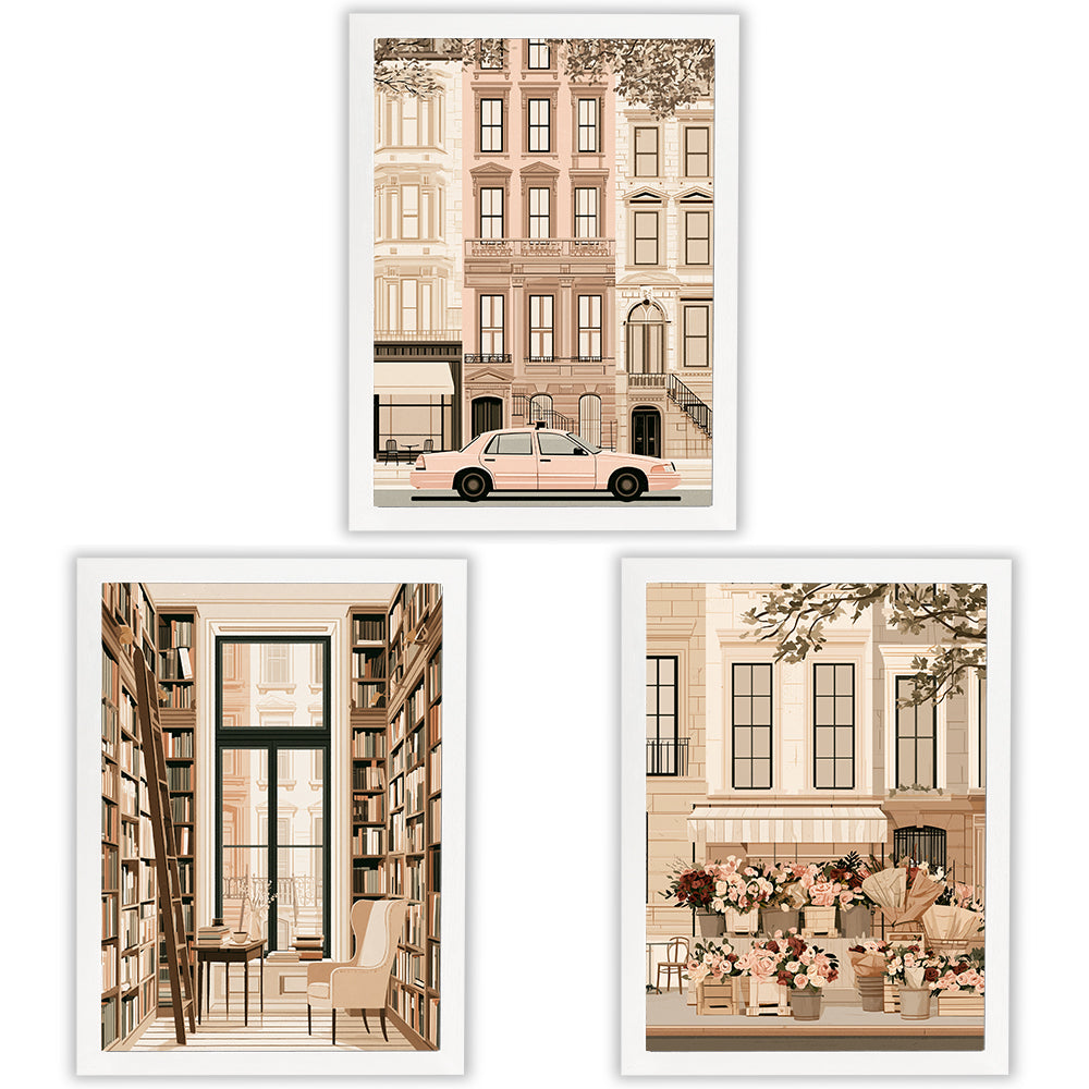 New York Stories Set of 3 Prints showcasing elegant city life illustrations in warm neutral tones - White Frame