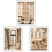 New York Stories Set of 3 Prints showcasing elegant city life illustrations in warm neutral tones - White Frame