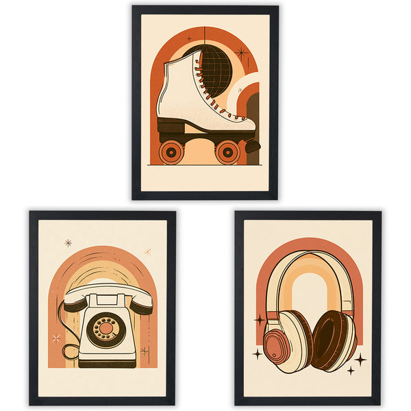 Retro Rewind set of 3 prints, retro 70s telephone, roller skate and headphones under orange sunset arches, black frame