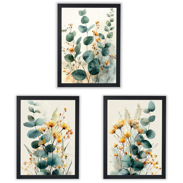 Set of 3 Botanical Wall Art Prints featuring eucalyptus and wildflowers in watercolor design - Black