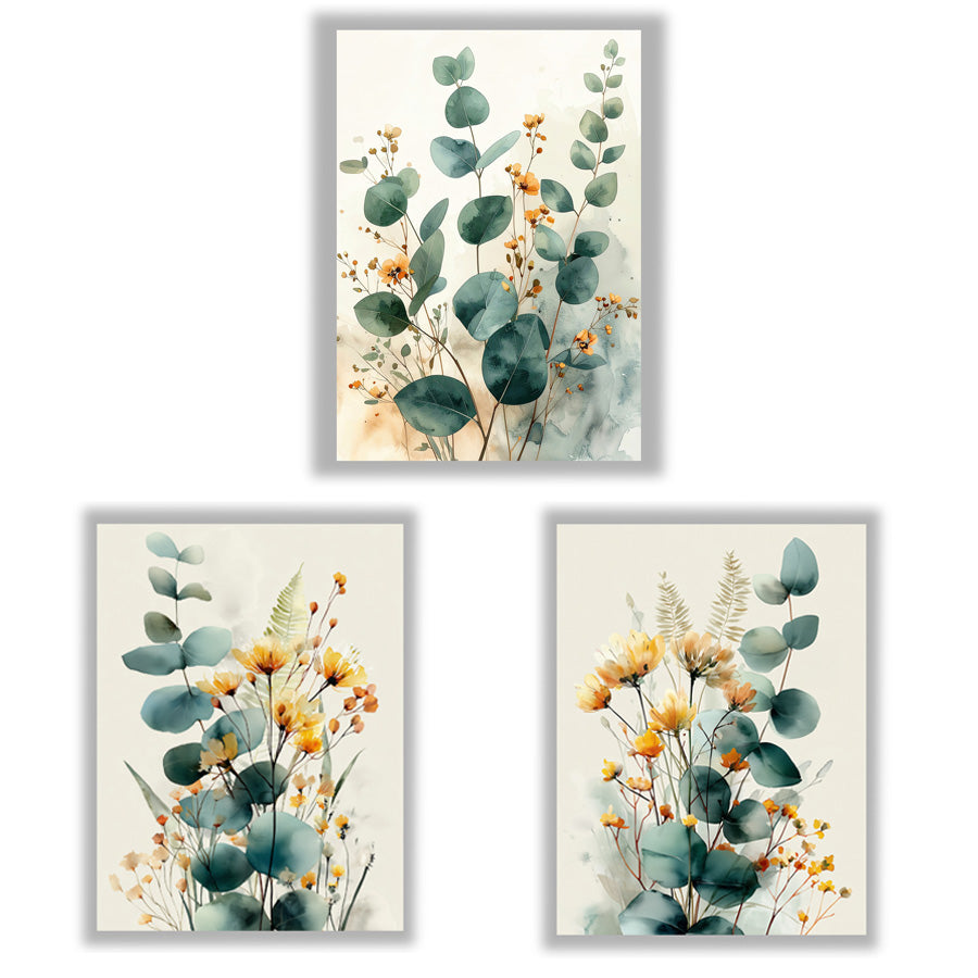 Three vertical botanical art prints with watercolor-style eucalyptus leaves and small yellow-orange flowers, arranged on a white background with two prints below one above.