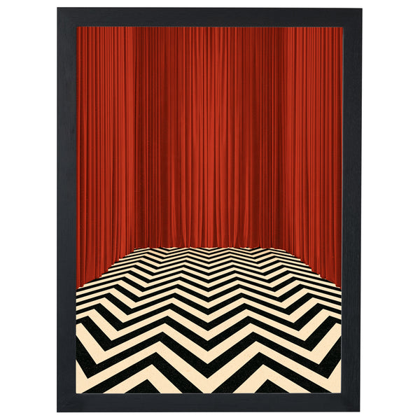 The Black Lodge print, red curtains above a zigzag floor, in a black frame