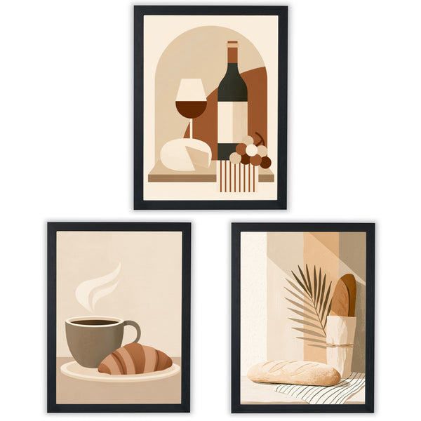 Set of 3 Kitchen Wall Art Prints featuring wine, coffee, and fresh bread in elegant designs - Black Frame