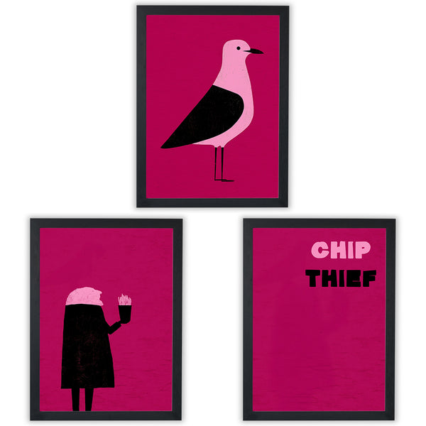 Chip Thief set of 3 prints, graphic seagull and chips illustrations in pink and black on magenta, black frame