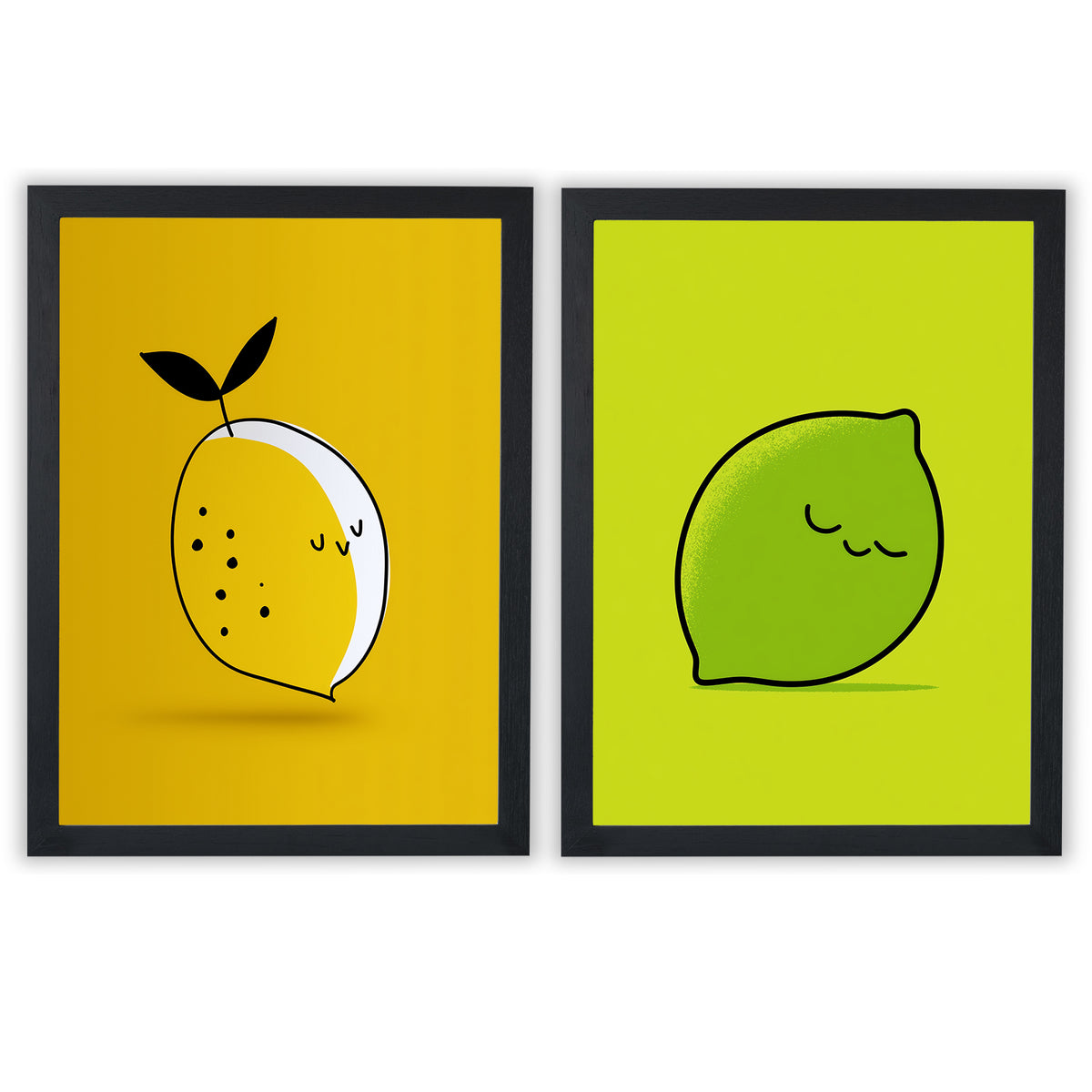 Citrus Pop Set of 2 Prints featuring playful lemon and lime illustrations in bright yellow and green - Black Frame