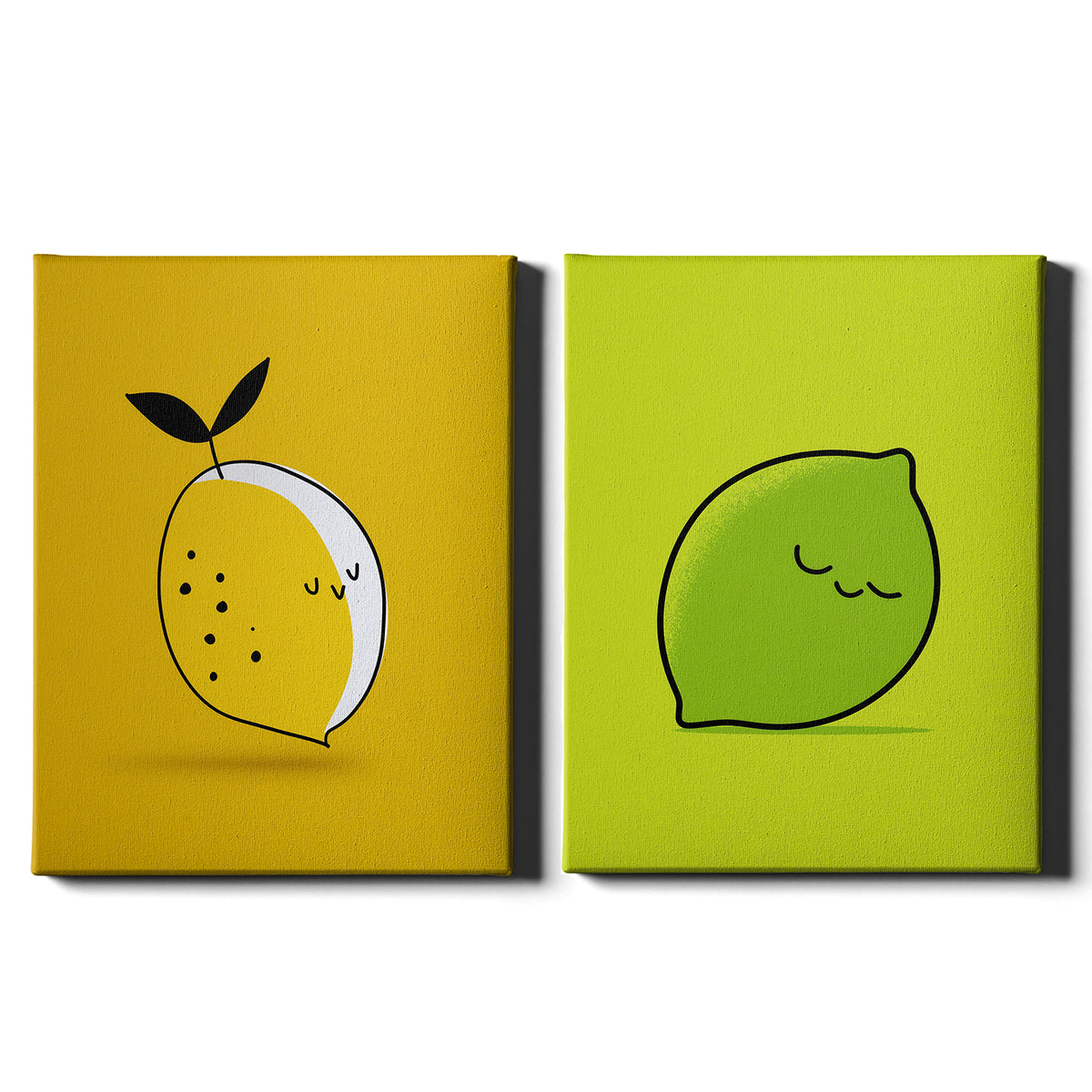 Citrus Pop Set of 2 Prints featuring playful lemon and lime illustrations in bright yellow and green - Wrapped Canvas