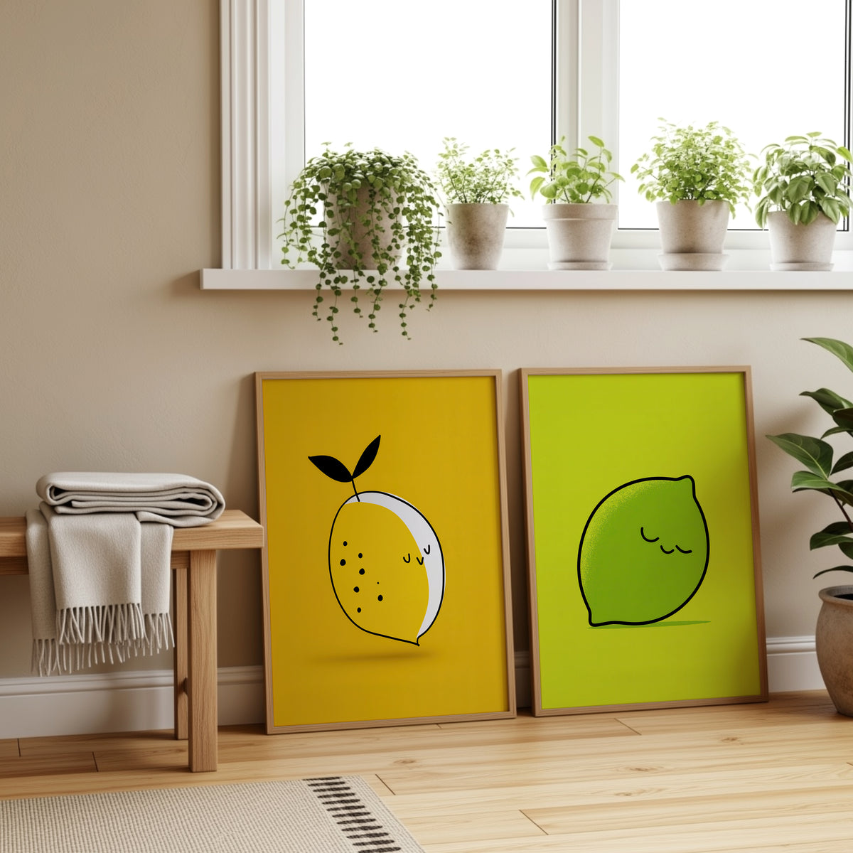 Citrus Pop Set of 2 Prints featuring quirky fruit characters with minimalist black linework and bold backgrounds