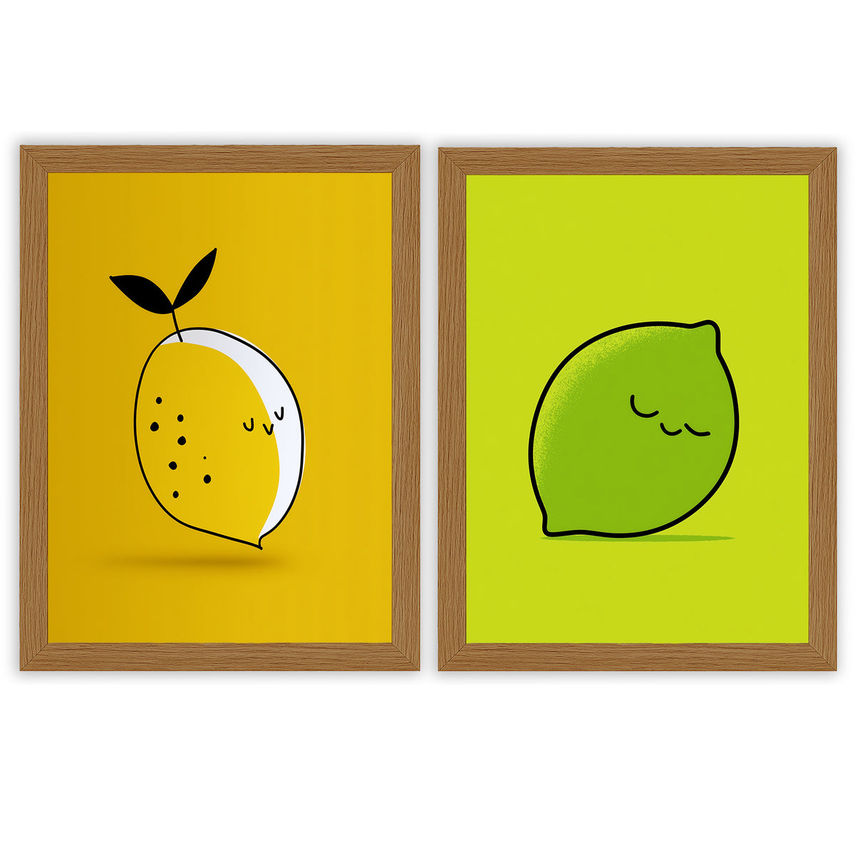 Citrus Pop Set of 2 Prints featuring playful lemon and lime illustrations in bright yellow and green - Oak Frame